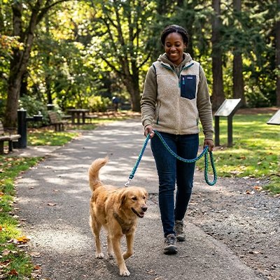 laisse pour chien couleur vert randonner sentier femme printemps 