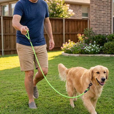 laisse pour chien couleur vert sortie homme terrasse 