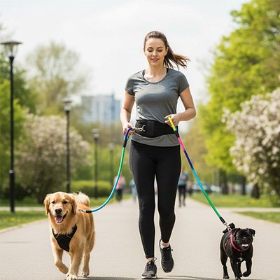 laisse pour chien femme courir deux chiens sentier parc couleur arc en ciel
