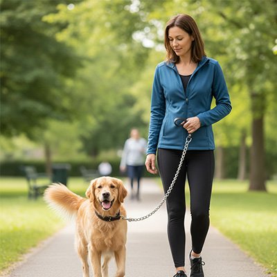 laisse-pour-chien-marche-femme-parc-sentier-poignée-en-cuir