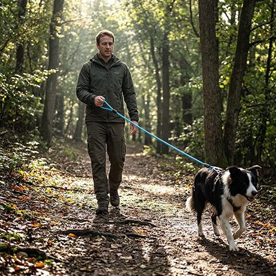longe pour chien laisse couleur bleue sortie foret homme