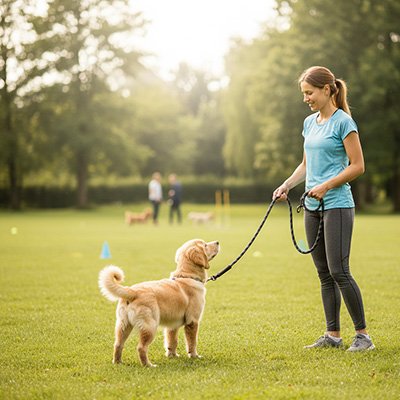 longe pour chien promenade parc noir laisse dressage