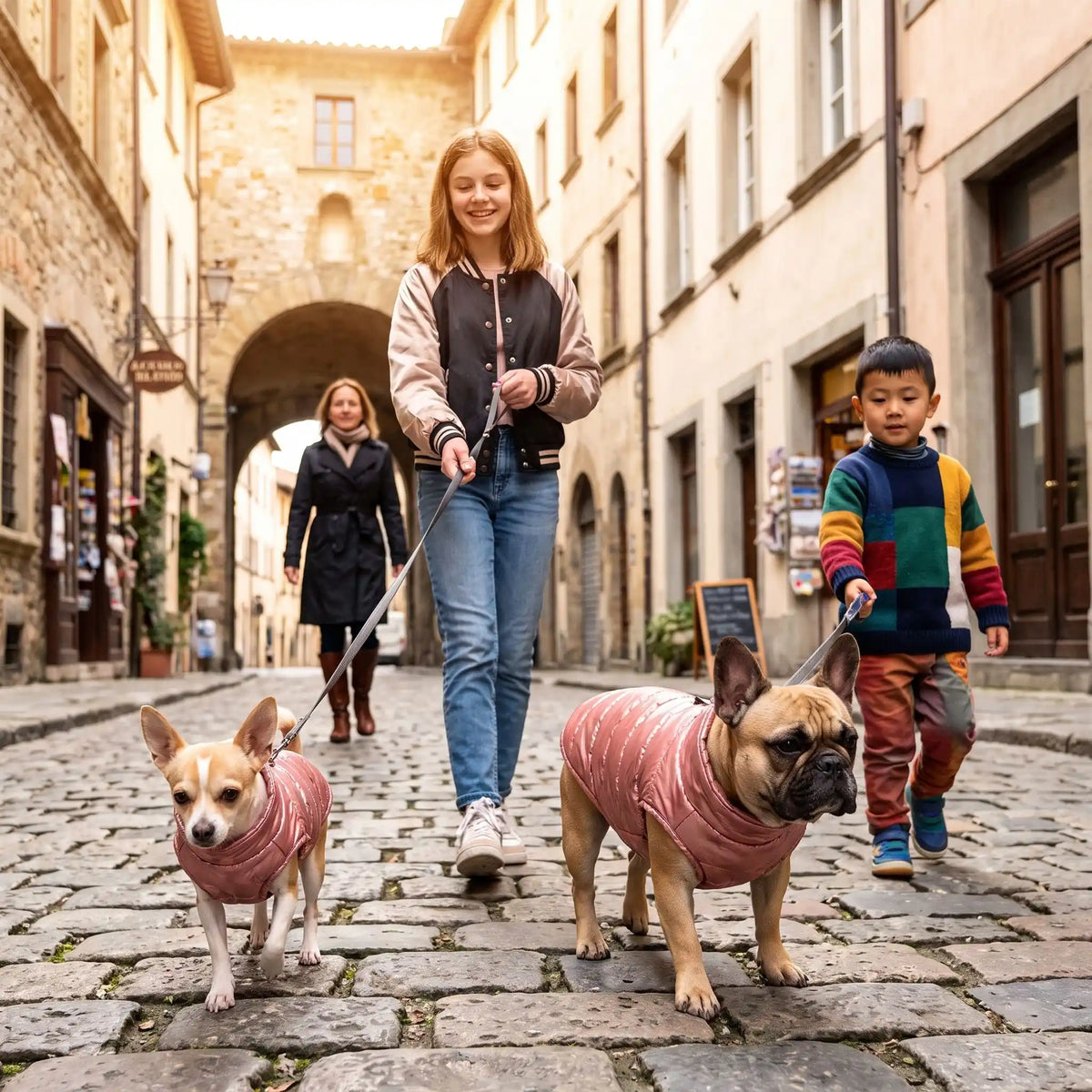 manteau chien couleur rose enfant promenade ville