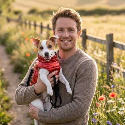 manteau chien couleur rouge avec homme automne exterieur