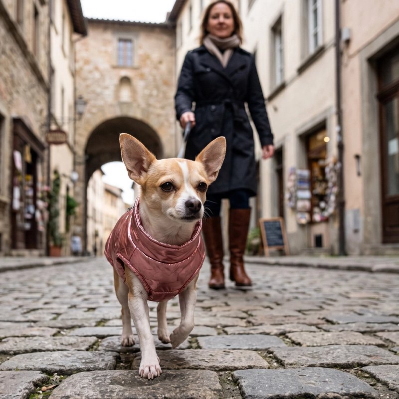 manteau chien couleur rouge marche sortie femme temps froid