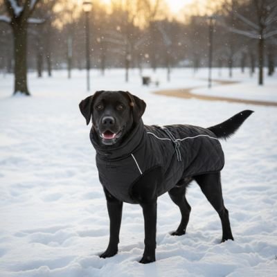 manteau pour chien couleur noir neige exterieur sentier labrador