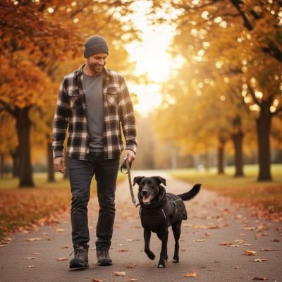manteau pour chien couleur noir promenade avec homme printemps