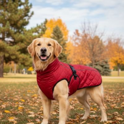 manteau pour chien couleur rouge exterieur automne parc labrador