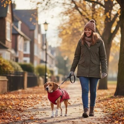 manteau pour chien couleur rouge promenade avec femme automne