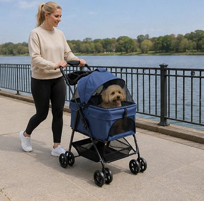 poussette pour chien couleur bleue exterieure 