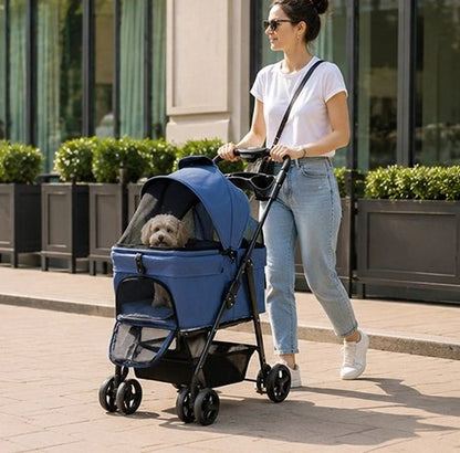 poussette pour chien couleur bleue femme promenade