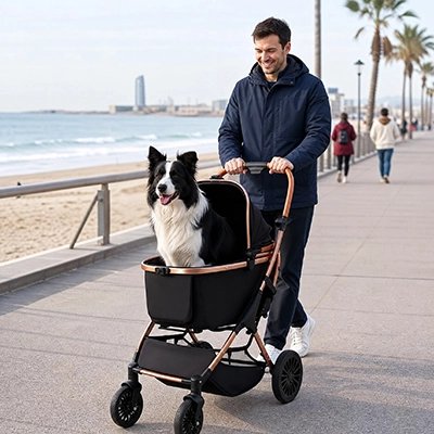 poussette pour chien couleur noir marche plage homme