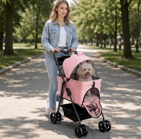 poussette pour chien couleur rose sortie 