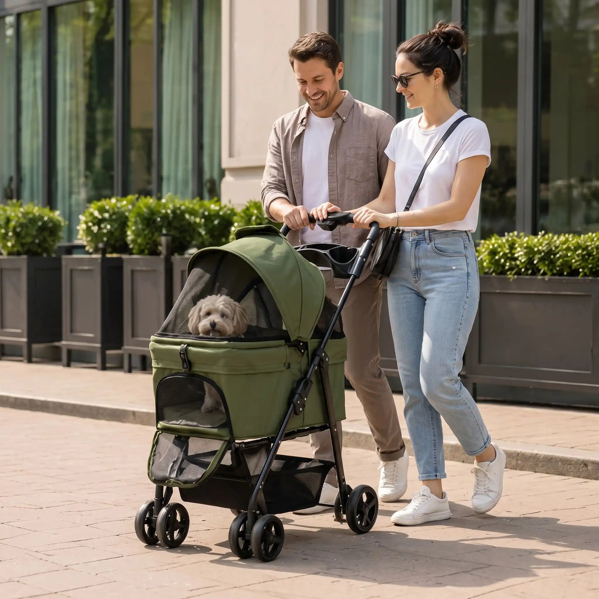 poussette pour chien couleur vert couple amoureux promenade