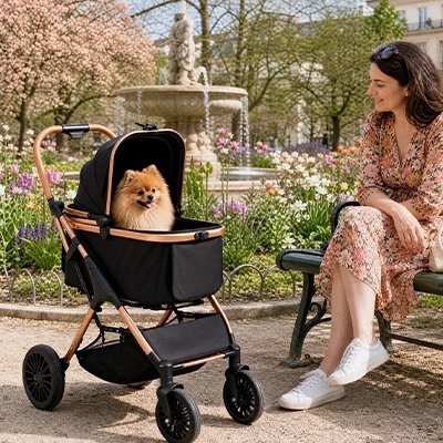 poussette pour chien noir printemps femme sortie exterieur