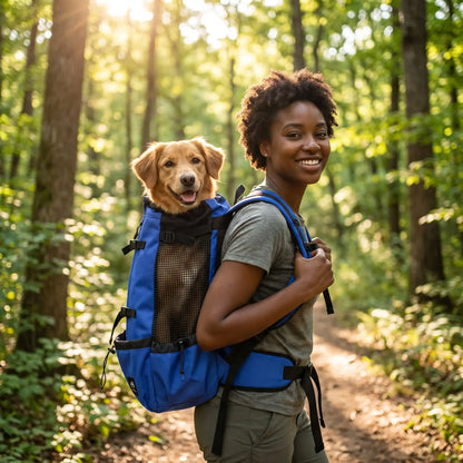 sac a dos chien bleu randonner foret femme