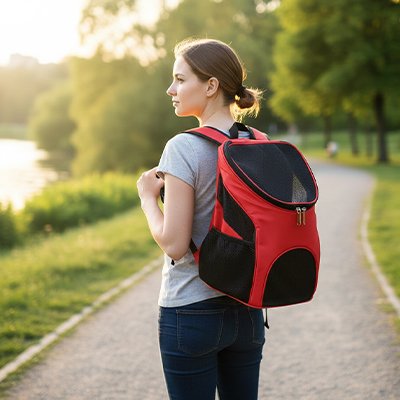 sac a dos chien couleur rouge avec femme dans parc 