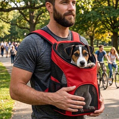 sac a dos chien couleur rouge avec homme pour promenade 