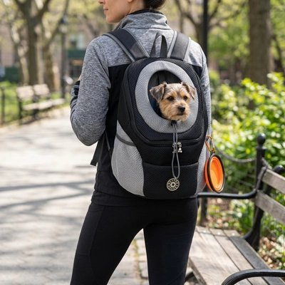 sac a dos chien noir marche rue femme 