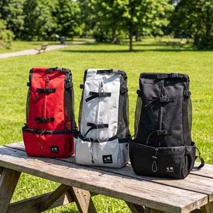sac a dos chien rouge gris noir parc