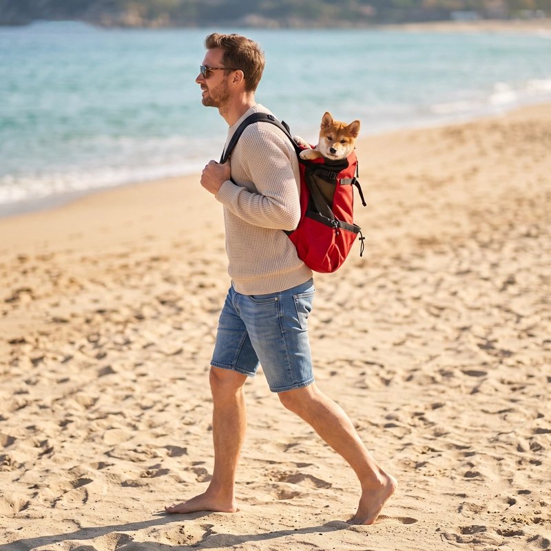 sac a dos chien rouge marche homme plage