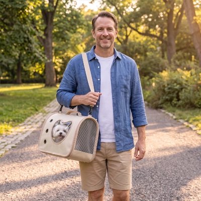 sac de transport pour chien blanc gris homme sentier