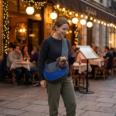 sac de transport pour chien bleu gris femme exterieur