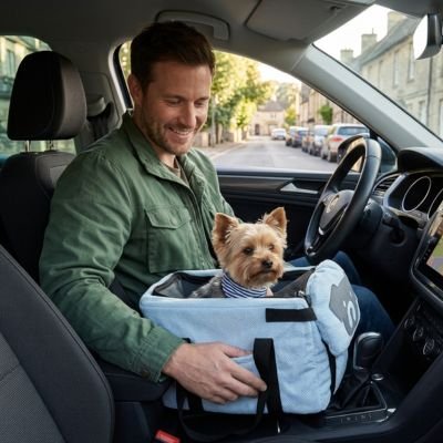 sac de transport pour chien couleur bleu dans automobile