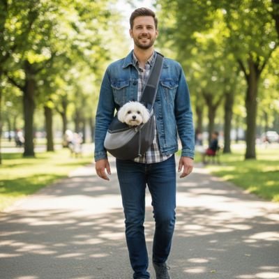 sac de transport pour chien couleur gris homme marche 