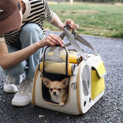 sac de transport pour chien couleur jaune blanc randonner femme