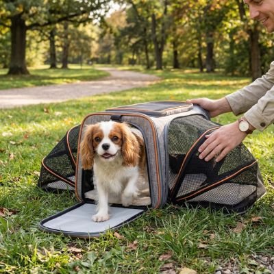 sac de transport pour chien couleur orange sortie parc