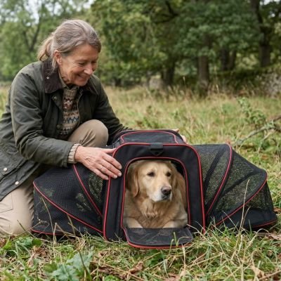 sac de transport pour chien couleur rouge foret avec femme