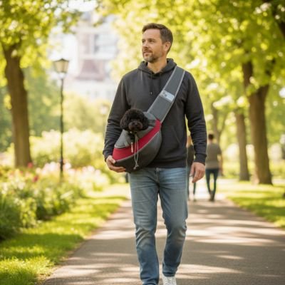 sac de transport pour chien couleur rouge marche homme 