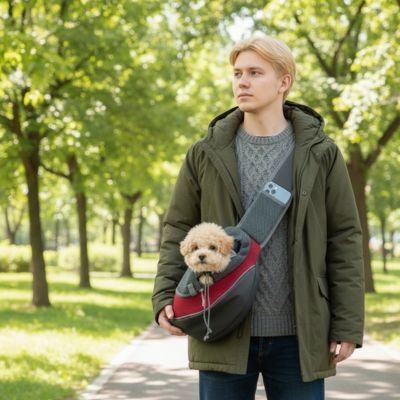 sac de transport pour chien couleur rouge marche 