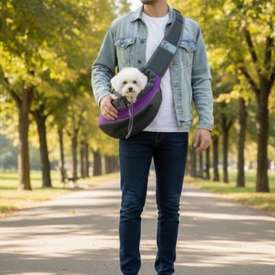 sac de transport pour chien couleur violet homme marche 