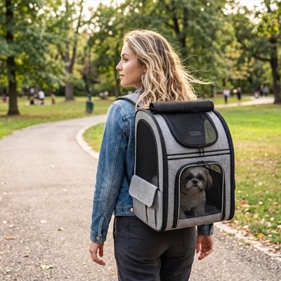 sac de transport pour chien gris noir femme exterieur