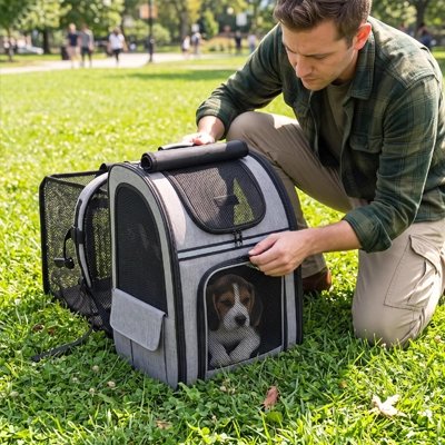 sac de transport pour chien gris noir homme parc