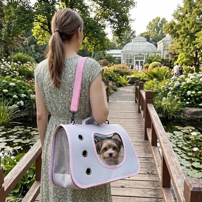 sac de transport pour chien gris rose marche jardin 