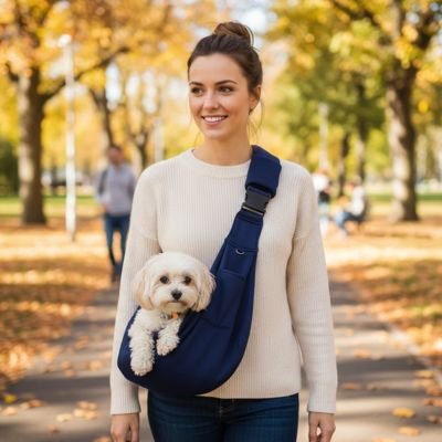 sac transport pour chien couleur bleue sortie femme marcher 