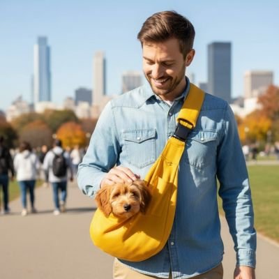 sac transport pour chien couleur jaunes homme marche  