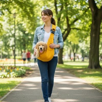 sac transport pour chien couleur jaunes promenade parc femme 