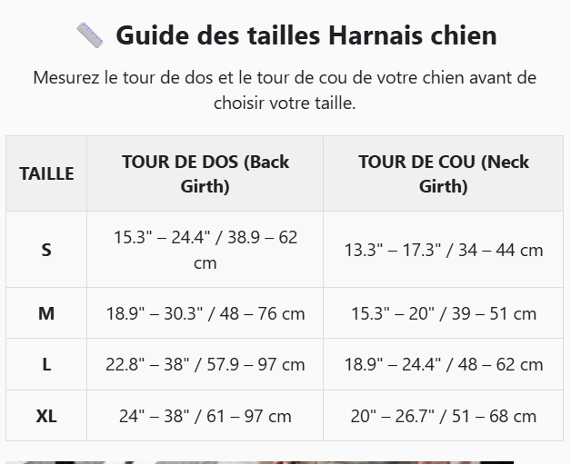 tableau guide des tailles harnais chien